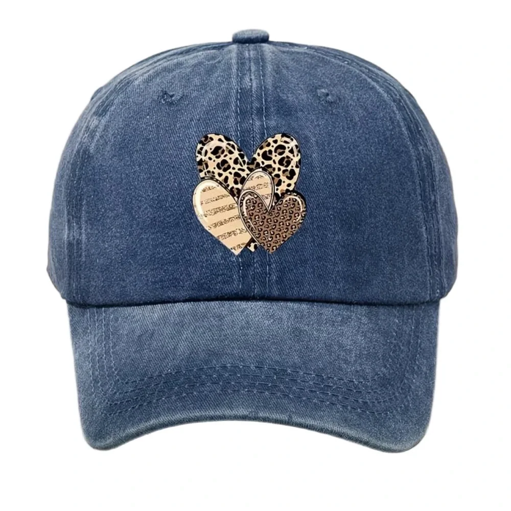 Navy Blue Baseball Cap Hat with Heart Animal Print Design NWT